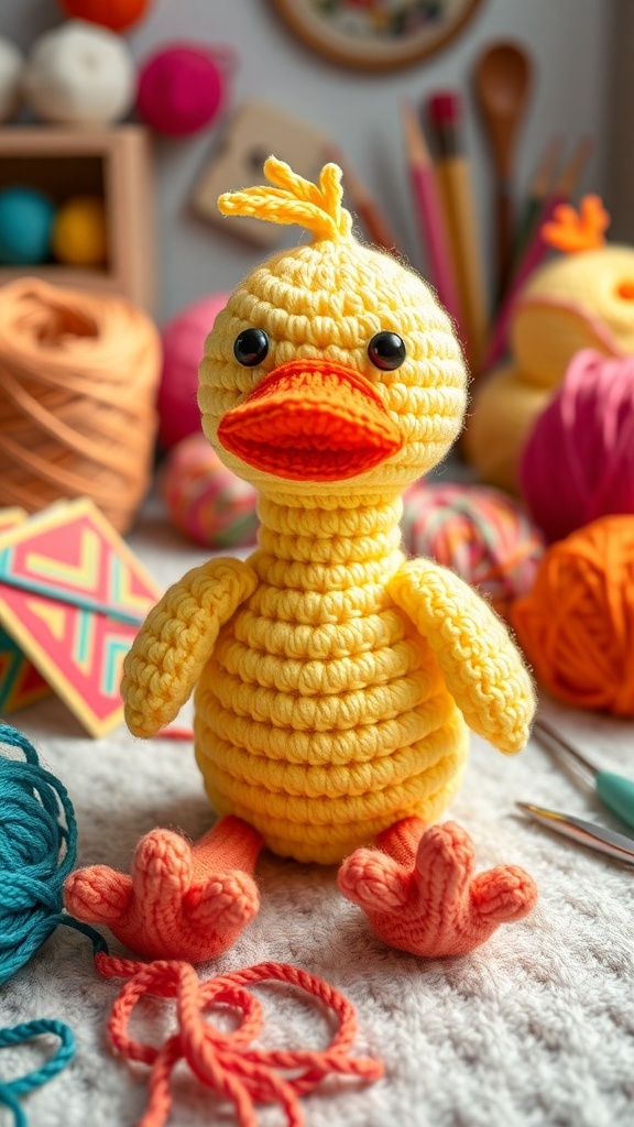 A cute yellow duck amigurumi with an orange beak, surrounded by yarn and crochet tools.